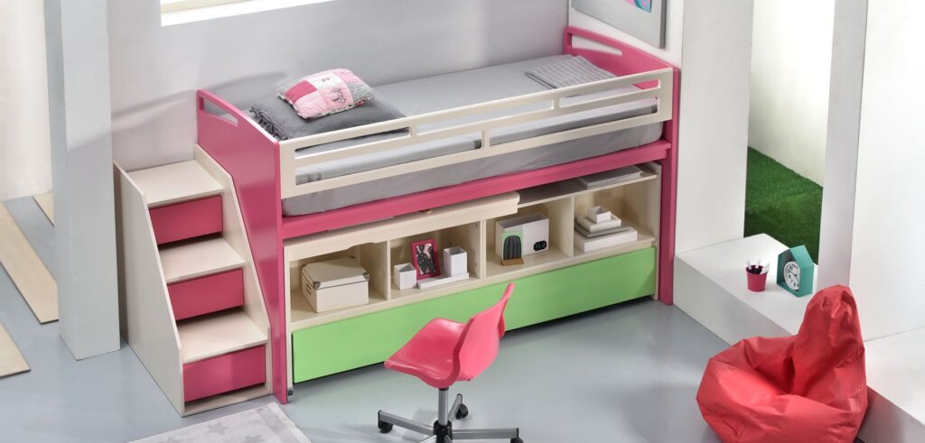 Children's low bunk bed with 2 desks and a wheelchair
